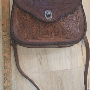 Hand-Tooled Brown Leather Crossbody Bag